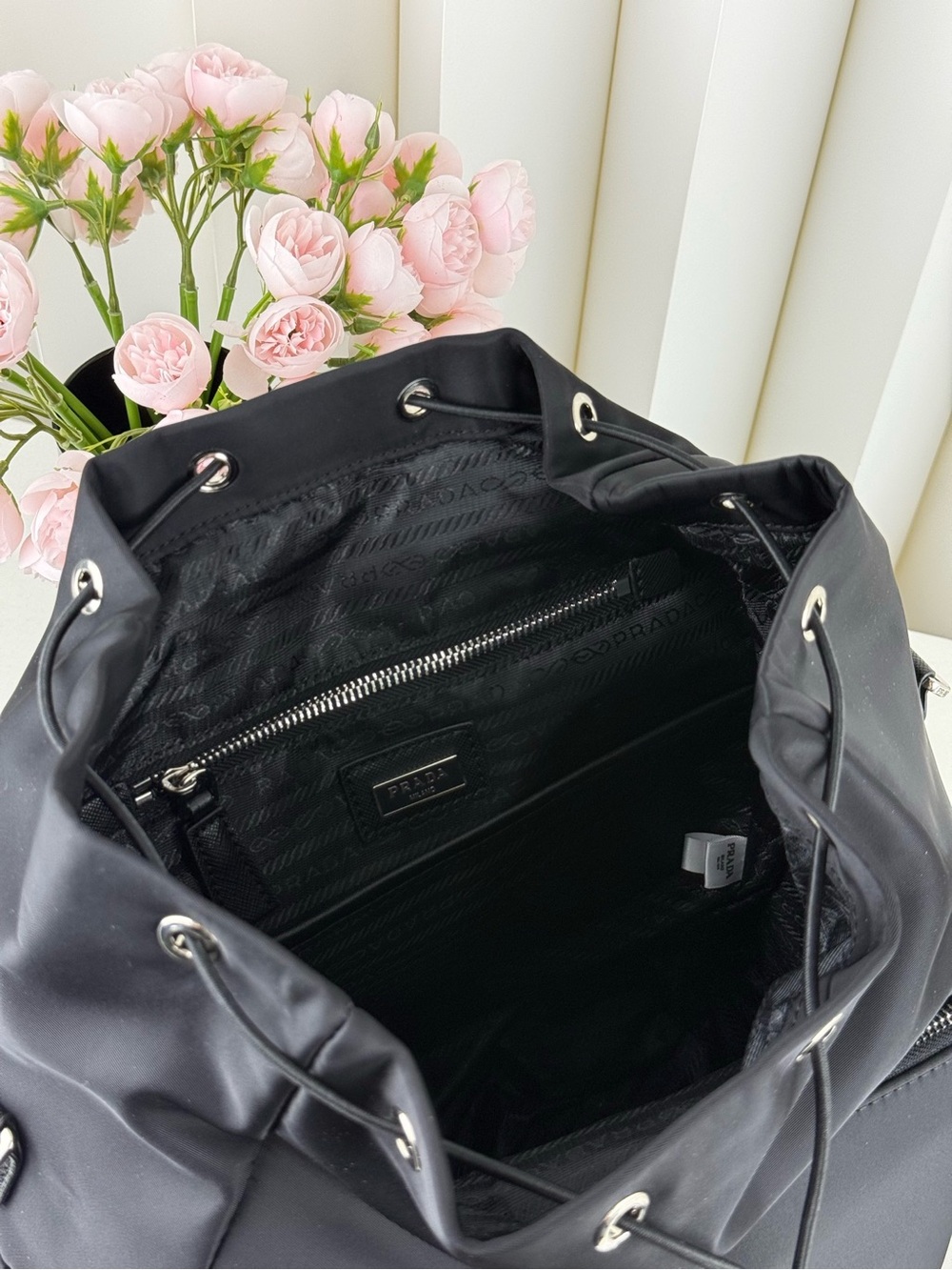 🖤Prada Black Nylon Backpack Triangle Logo Flap Drawstring Rucksack - Picture 8 of 13